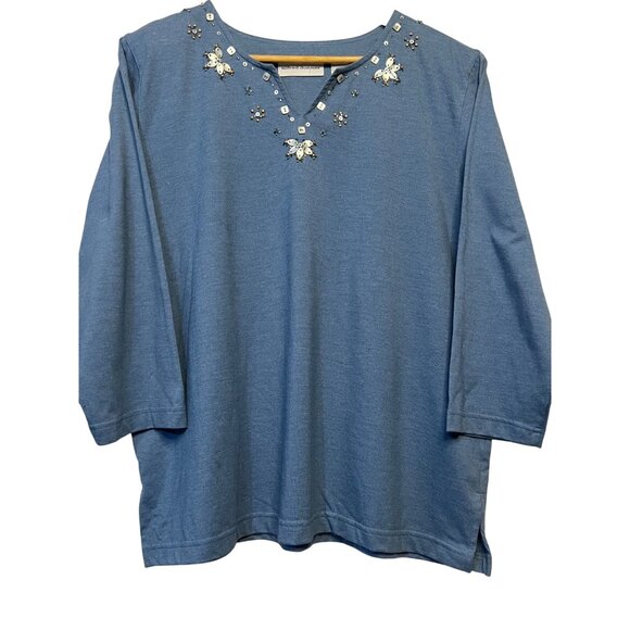 Alfred Dunner Women Blue Embellished Sequin Neckline 3/4 Sleeve Top L  Popover - Picture 1 of 14